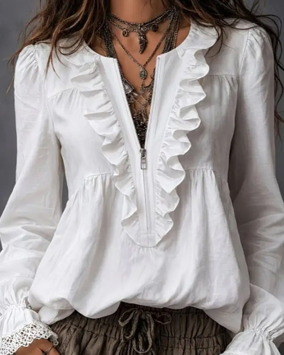 Bluse Mit Reißverschluss Und Rüschenärmeln