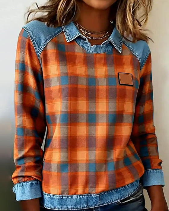 Sweatshirt Revers kariert Denim Patchwork