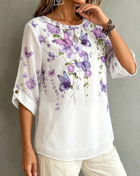 Bluse Rundhals Schmetterling Blumen