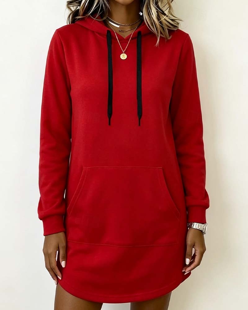 Sweatshirtkleid Einfarbig Geschwungener Saum Kapuze