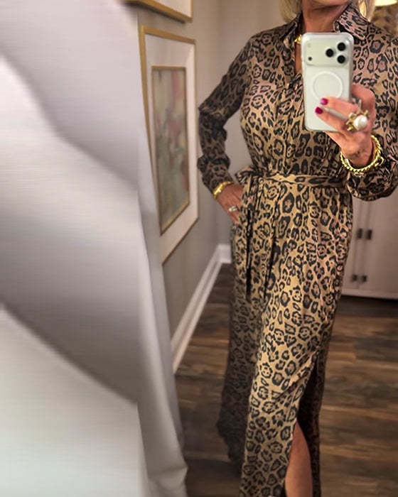 Kleid Leopardenmuster Schlitz Langarm