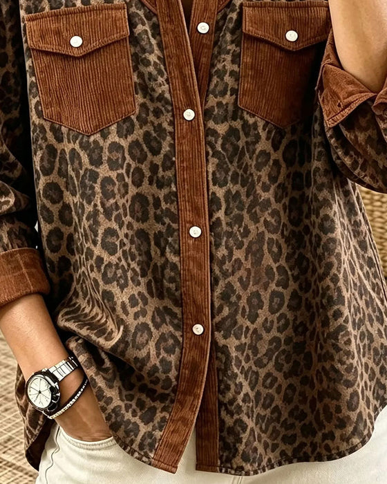 Hemd Revers Knopf Leopard Farbblock