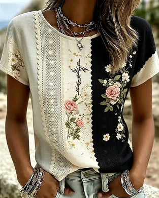 Bluse Kontrast Spitze Rose Druck