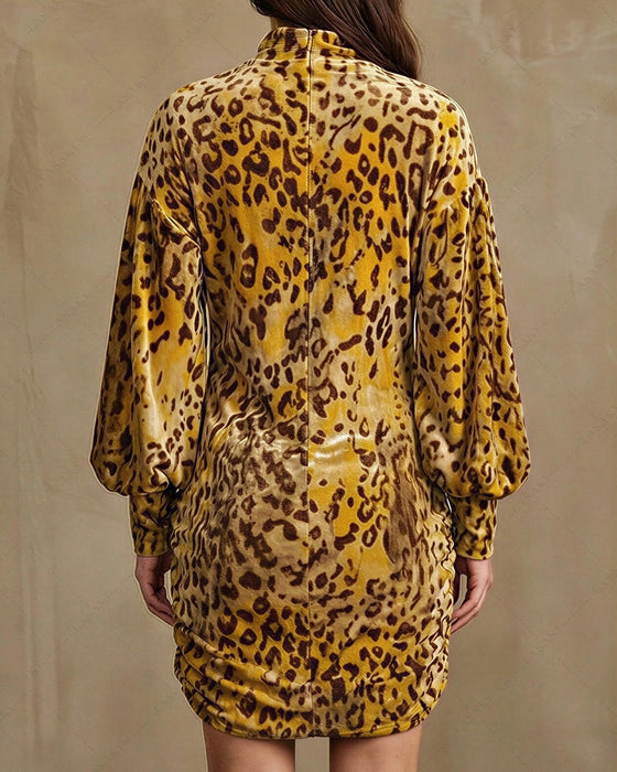 Kleid Hoher Hals Leopard Laternenärmel Elegant