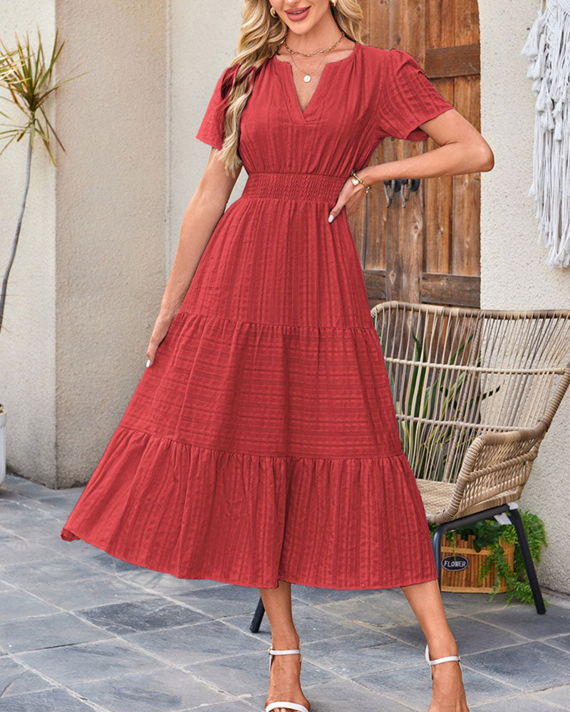 Kleid V-Ausschnitt Gerafft Puffärmel Kurzarm