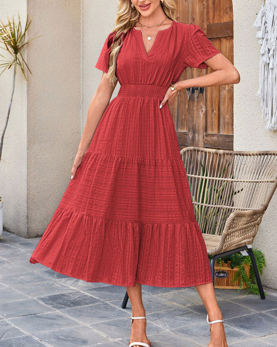 Kleid V-Ausschnitt Gerafft Puffärmel Kurzarm