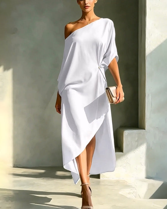 Kleid Off-Shoulder Gerafft Unregelmäßig Einfarbig