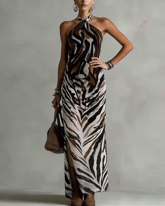 Kleider Zebra Halter Schlitz Lang