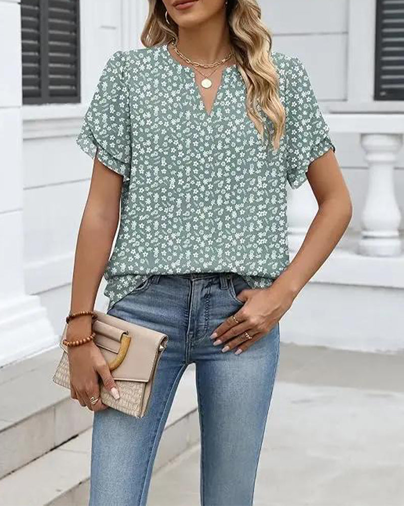 Bluse Blumenprint Kleiner V-Ausschnitt
