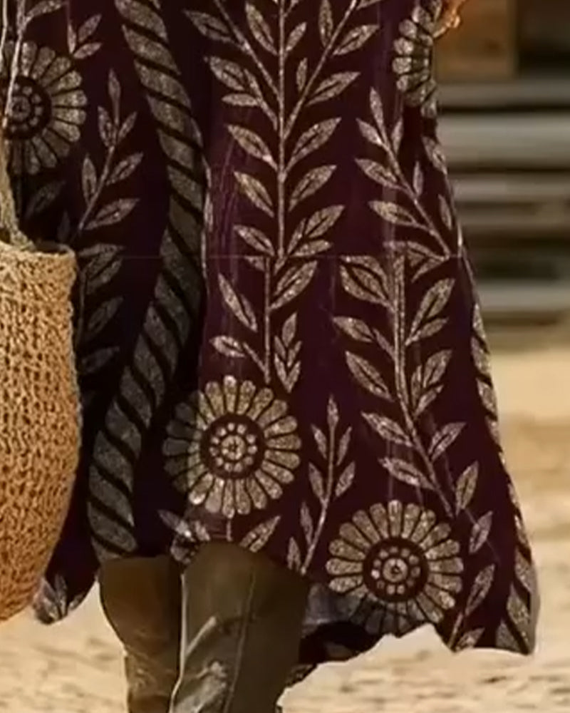 Kleid V-Ausschnitt Blattprint