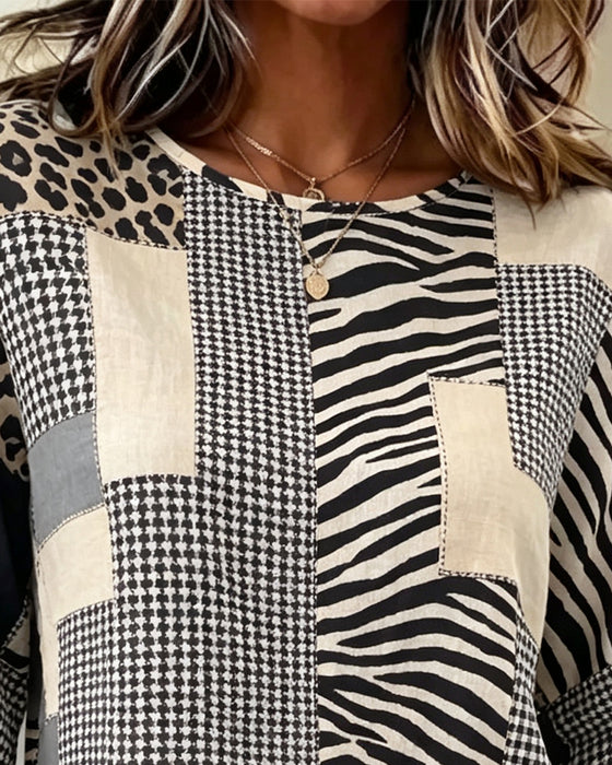 Bluse Rundhalsausschnitt Patchwork Karo Leopard