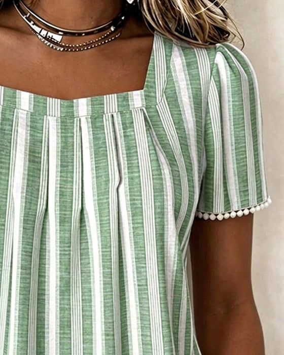 Bluse Gestreift Eckiger Ausschnitt Kurzarm