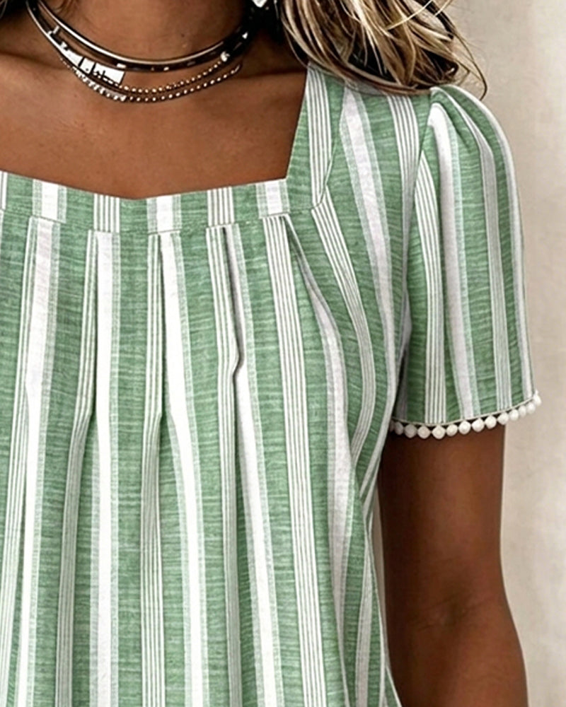 Bluse Gestreift Eckiger Ausschnitt Kurzarm
