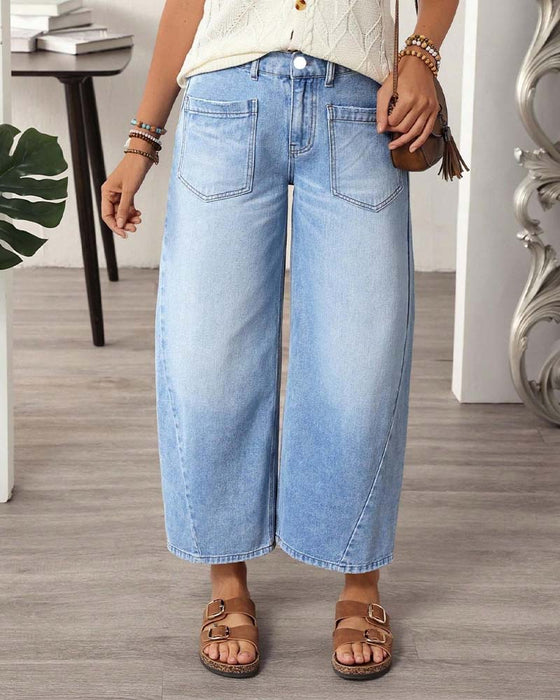 Jeans Denim Elastische Taille Weites Bein Cropped