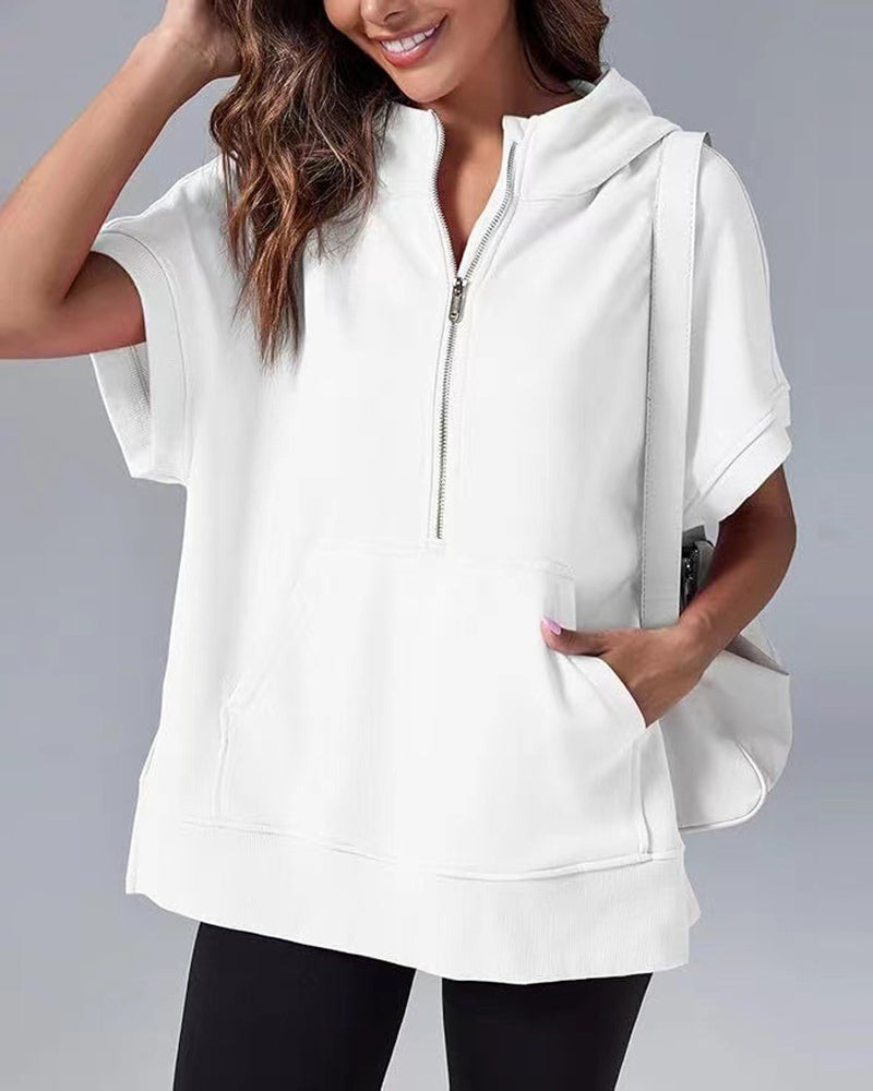 Sweatshirt Kurzarm Teilweiser Reißverschluss Kapuzenpullover