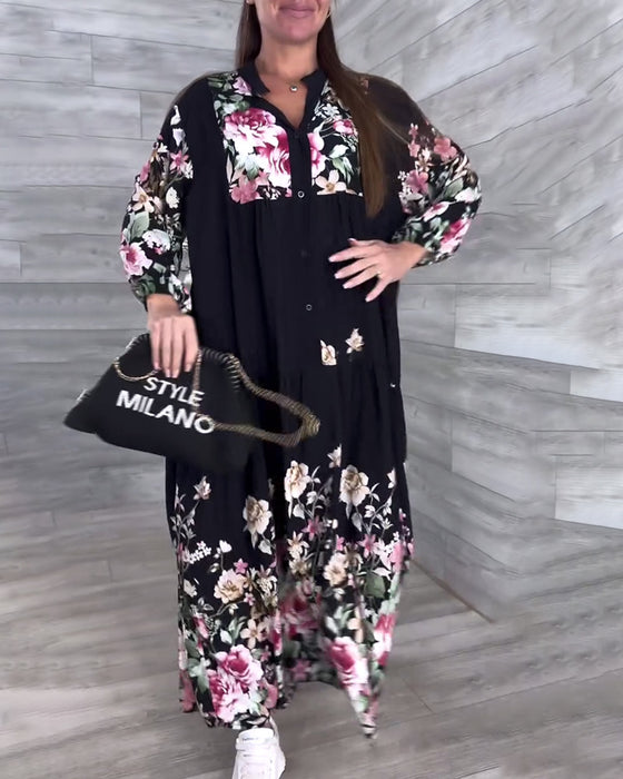 Kleid Blumenmuster Lässig Laternenärmel