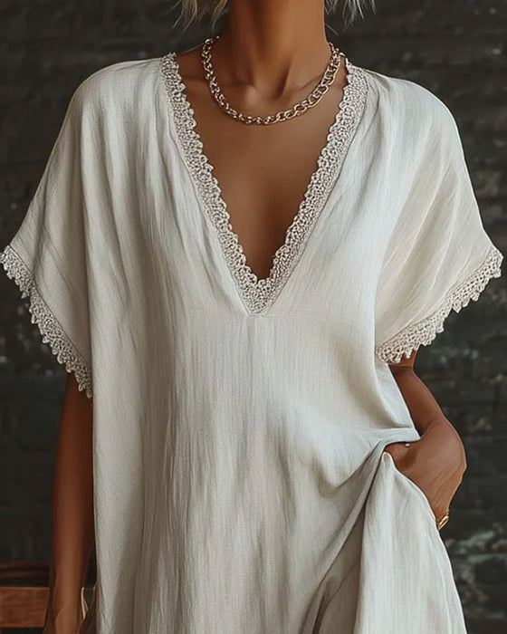 Kleid Unifarben V-Ausschnitt Mode Lang