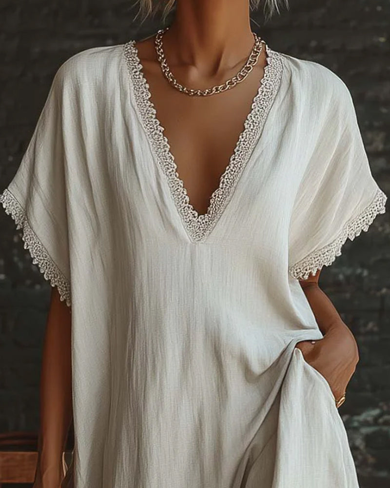 Kleid Unifarben V-Ausschnitt Mode Lang