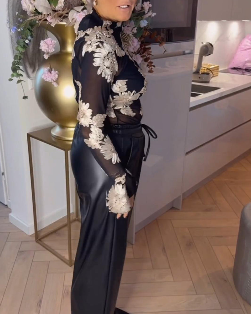 Bluse Trompetenärmel Modisch Blumen