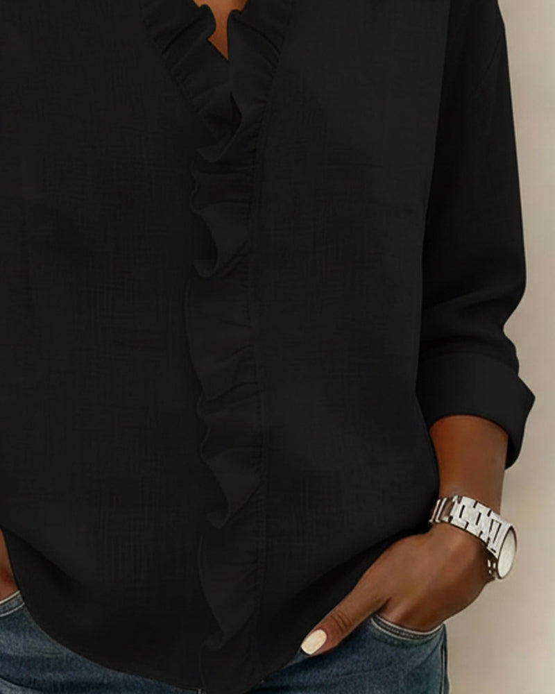 Bluse Rüsche V-Ausschnitt Langarm