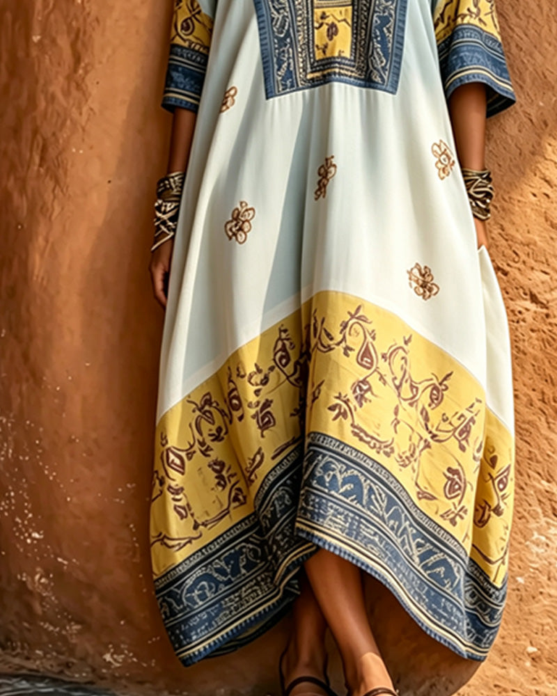 Kleid V-Ausschnitt Etnisch Großer Saum