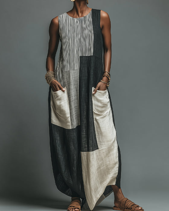 Kleid Patchwork Ärmellos Farbe Block Maxi