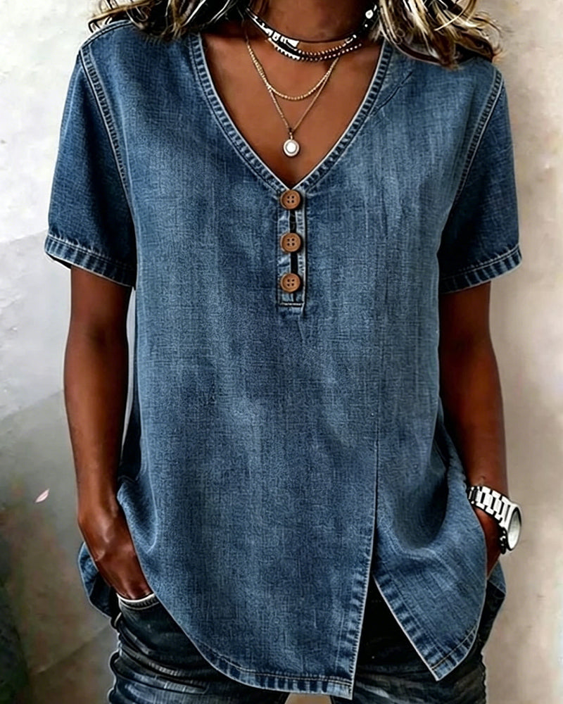Bluse aus Denim mit geschlitztem V-Ausschnitt