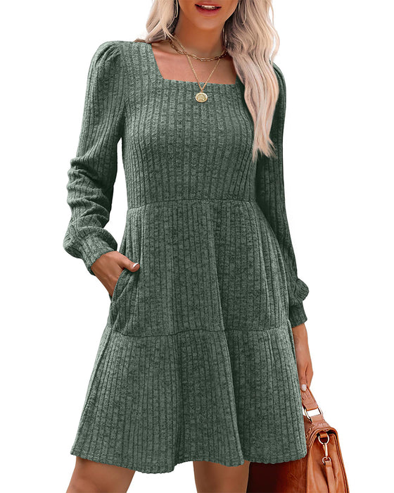 🍂2025 Herbst Neue Kollektion⏰ Damenkleid mit Quadrat-Ausschnitt, Laternenärmeln und Rippstruktur