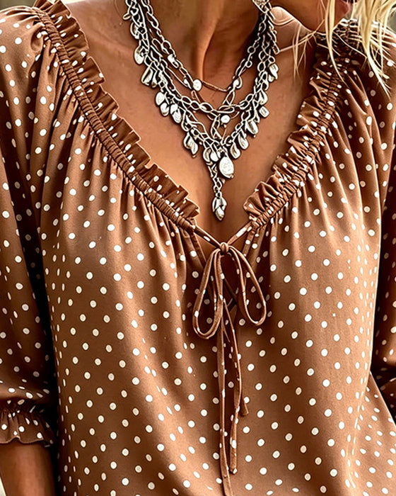 Bluse V-Ausschnitt Rüsche Polka Dot Bindung