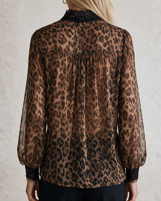 Bluse V-Ausschnitt Leopard Langarm