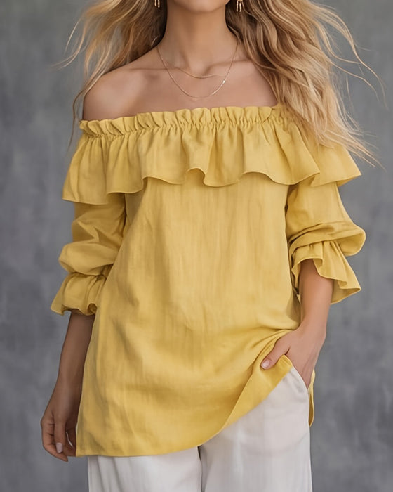 Bluse Off-Shoulder Rüsche Einfarbig Locker