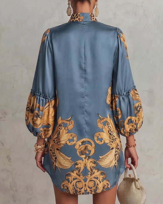 Kleid Leopard Laterne Ärmel Stehkragen Druck