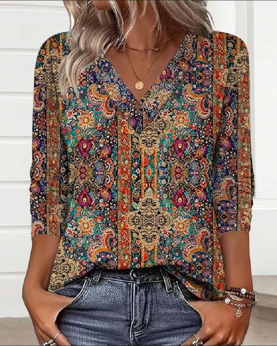 Bluse Retro Gedruckt V-Ausschnitt
