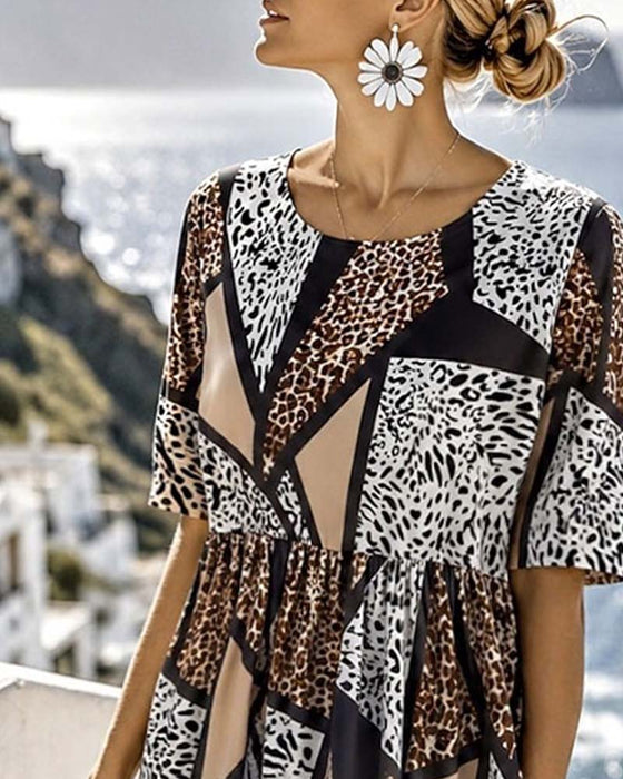 Kleid Geometrisch Patchwork Leopard Voll Rock Maxi