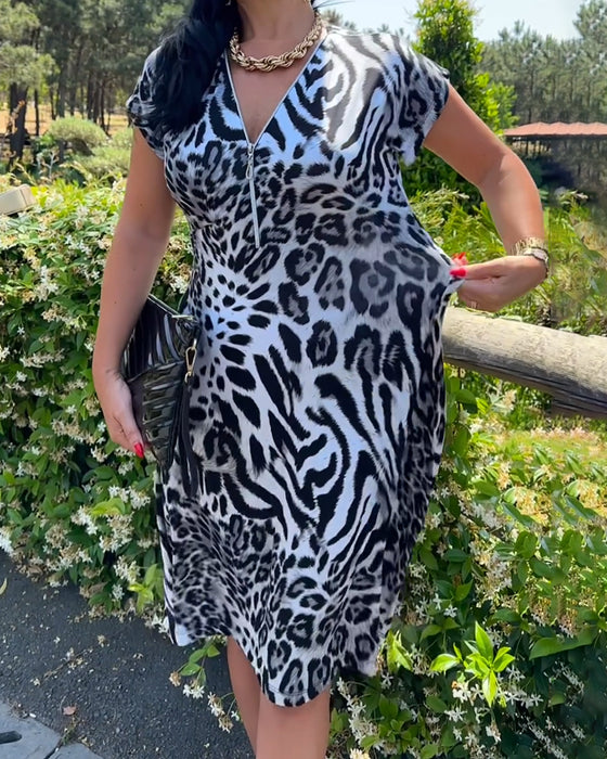 Kleid v-ausschnitt reißverschluss leopardmuster