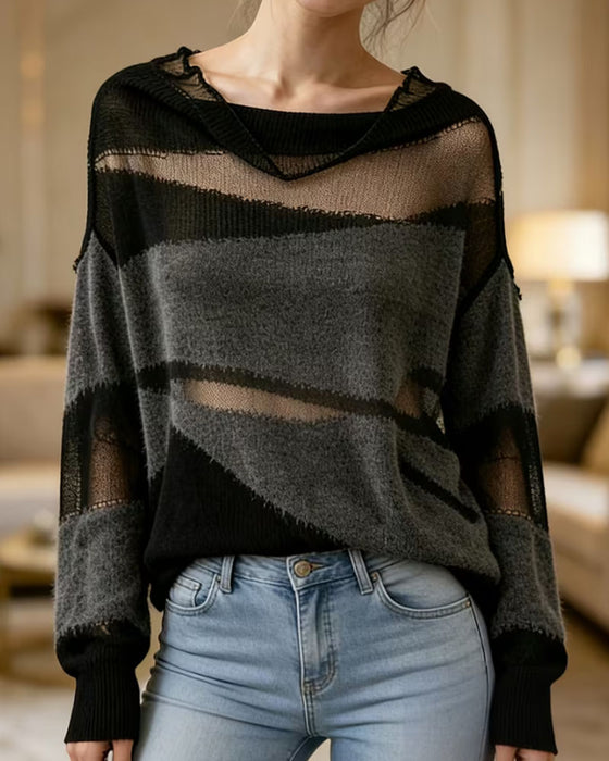 Pullover Kontrastfarbe Transparent Langarm Sweater