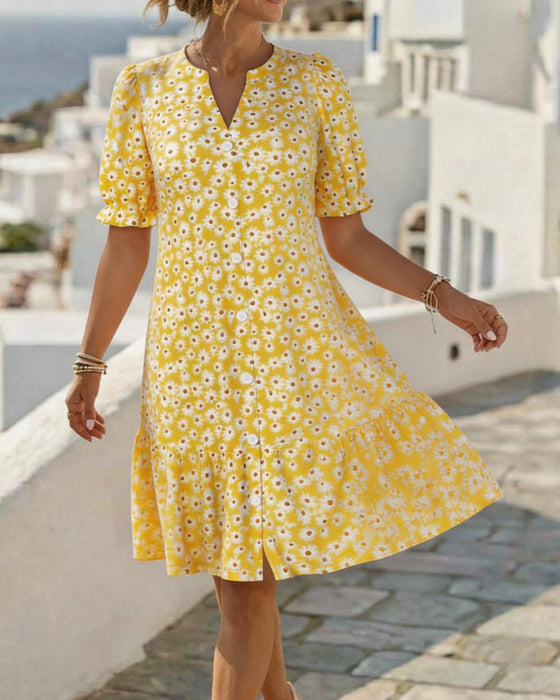 Kleider Daisy Print V-Ausschnitt