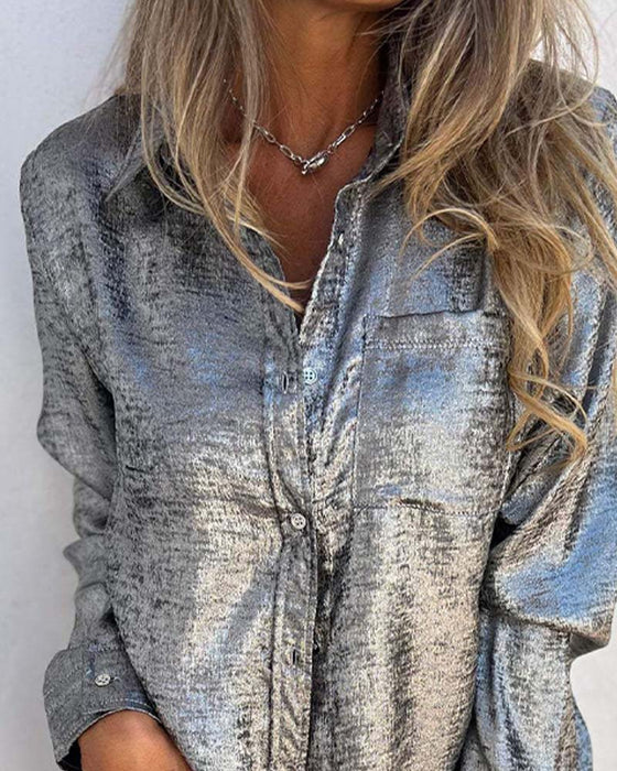 Bluse Langarm Fein Schimmer Tasche Knopfleiste