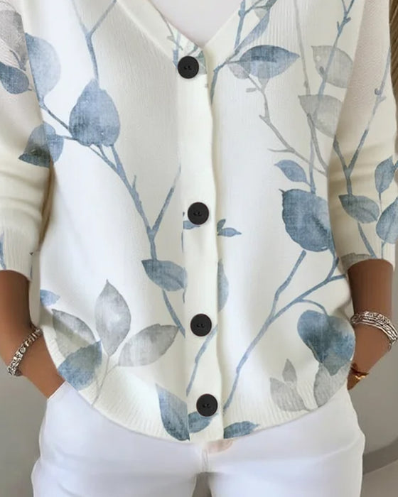 Pullover V-Ausschnitt Knopf Blatt Print