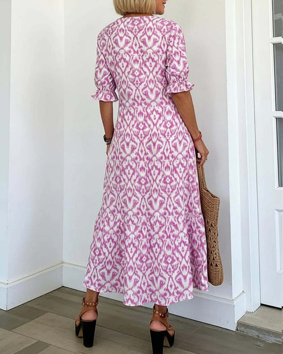 Kleid V-Ausschnitt Halblanger Ärmel Rüsche A-Linie