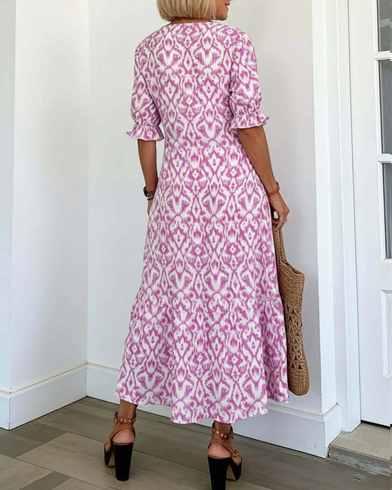 Kleid V-Ausschnitt Halblanger Ärmel Rüsche A-Linie