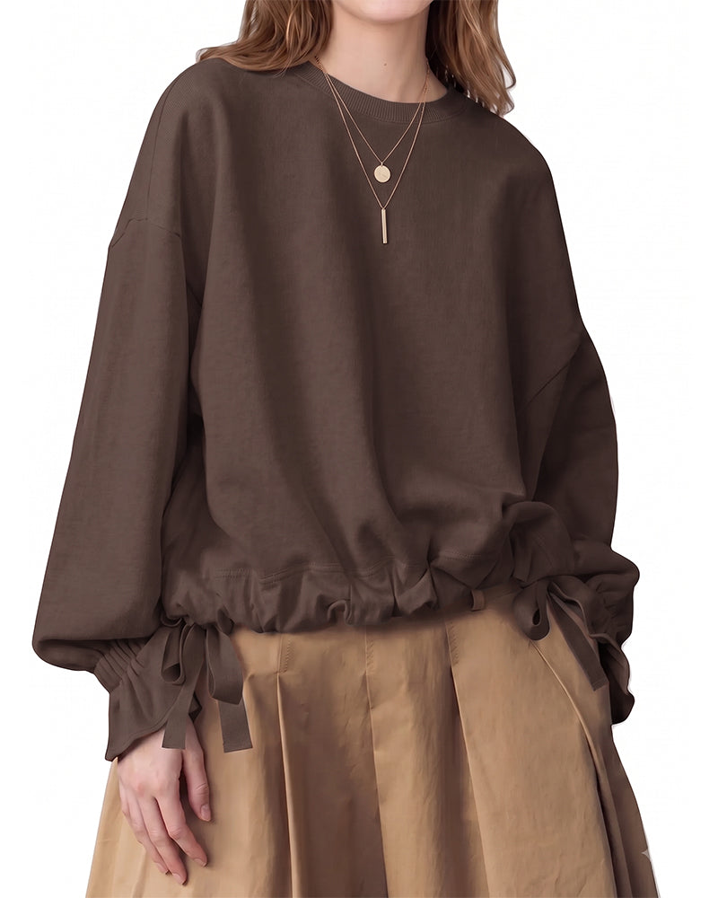 Sweatshirt Rund-Hals Rüsche Binden Elastisch