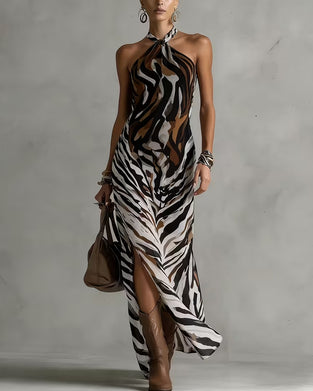 Kleider Zebra Halter Schlitz Lang