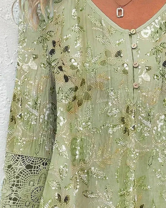 Bluse Spitze Patchwork Blumen V-Ausschnitt