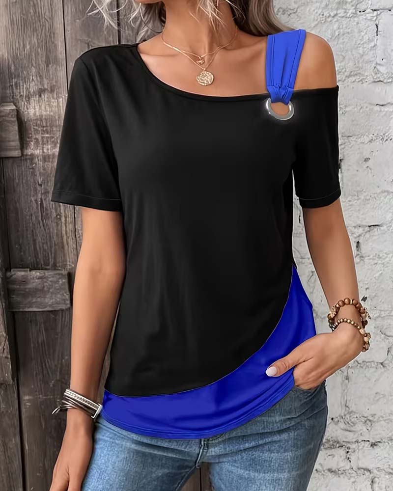 T-Shirt Cold Shoulder Farbblock Lässig