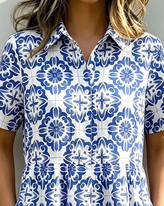 Kleid Hemdkragen Tasche Print