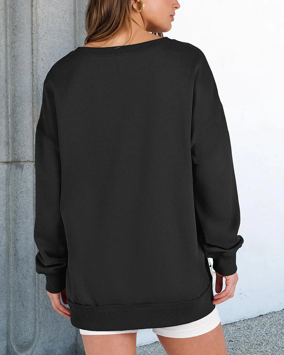 Kleiner V-Ausschnitt, Lässig Weites Langarm Sweatshirt