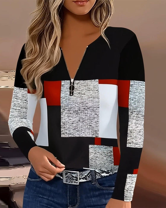 Bedrucktes Casual T-Shirt mit V-Ausschnitt und Reißverschluss