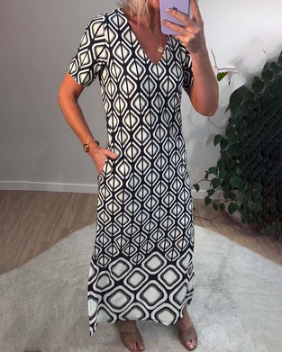 Kleid V-Ausschnitt Geometrisch Kurzärmlig