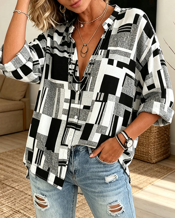 Bluse Geometrischer Druck V-Ausschnitt Locker